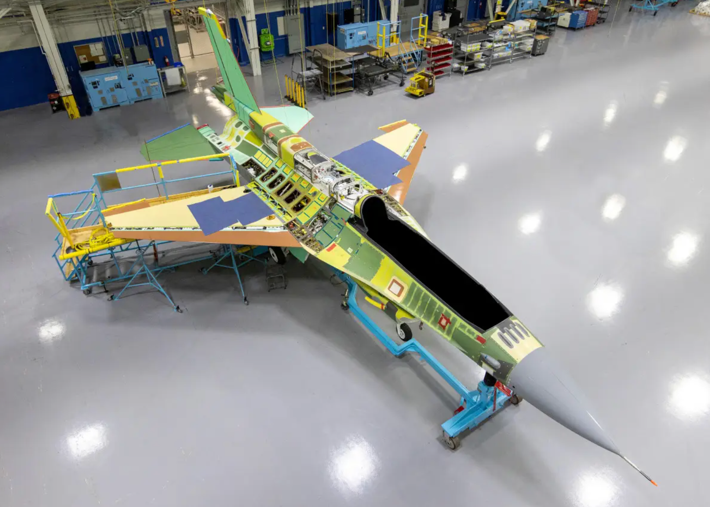 A Block 70 F-16 during construction at the Lockheed Martin plant in Greenville, South Carolina. The company has said it could build new F-16s to backfill any jets donated to Ukraine.&nbsp;<em>Lockheed Martin</em><br>