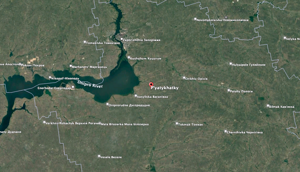 Ukraine has made advances toward the village of Pyatikhatki in Zaporizhzhia Oblast, Russian sources claim. (Google Earth image)