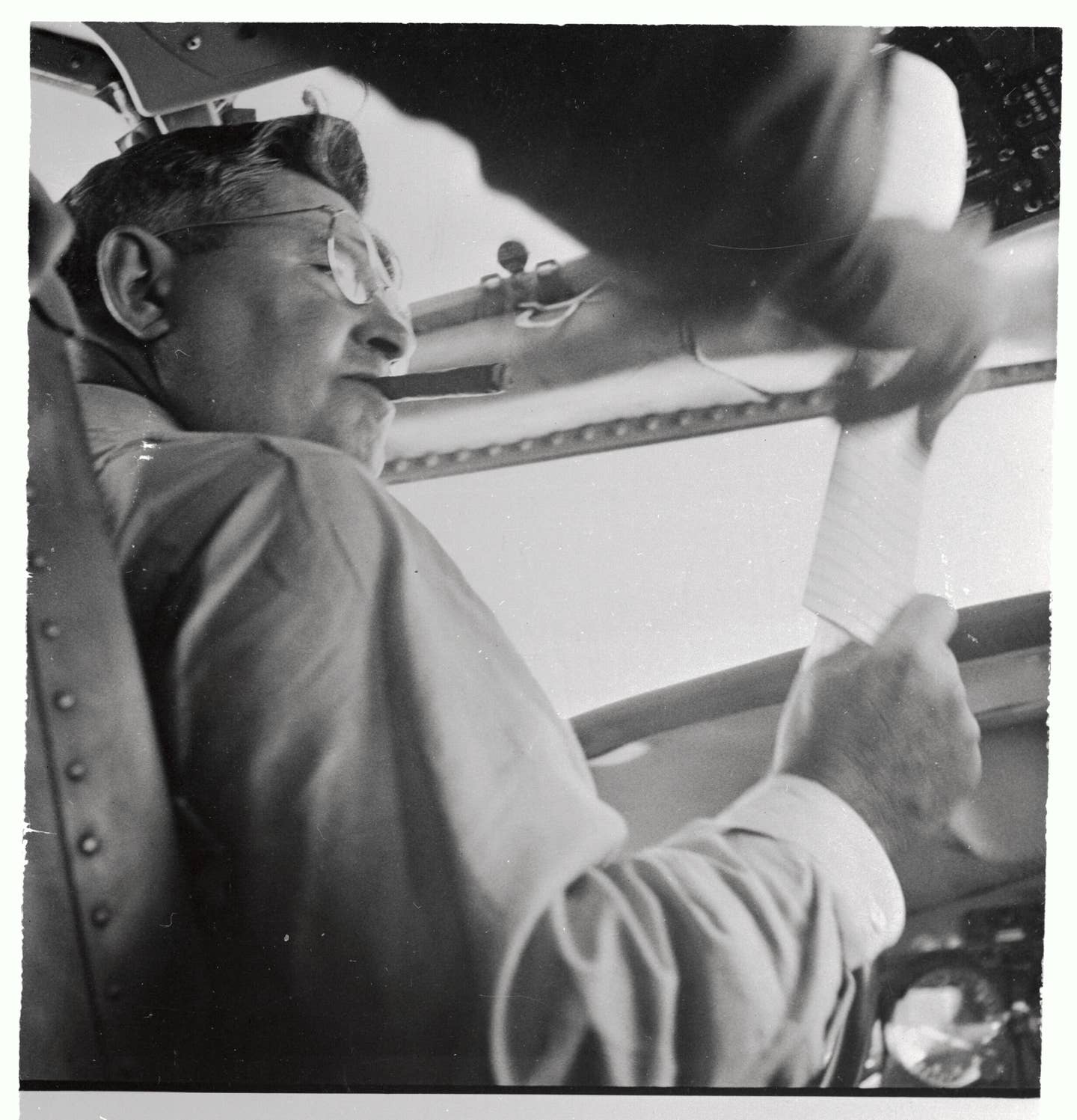 November 1957: Gen. Curtis LeMay at the controls of a KC-135 after a record-breaking flight between Westover Air Force Base, Massachusetts, and Buenos Aires, Argentina, covering 6,322 miles in 11 hours and 5 minutes. <em>Getty Images</em>
