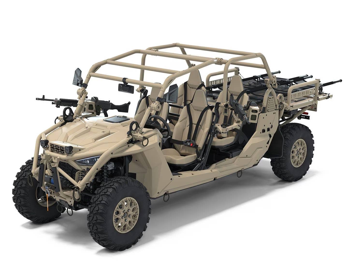 A rendering of an MRZR with a 7.62x51mm M240B machine gun on a swing arm mount for use by the front passenger. <em>Polaris</em>