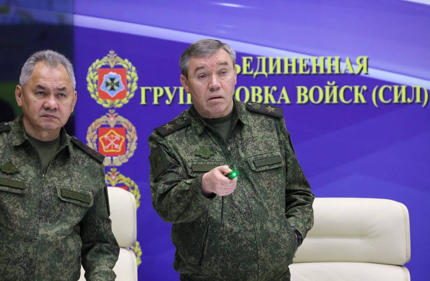 Russian Defence Minister Sergei Shoigu (L) and chief of the Russian General Staff Valery Gerasimov (R) were targets of an attempted captured by Wagner boss Yevgeny Prigozhin, <em>The Wall Street Journal</em> reported Wednesday. (Photo by GAVRIIL GRIGOROV/Sputnik/AFP via Getty Images)