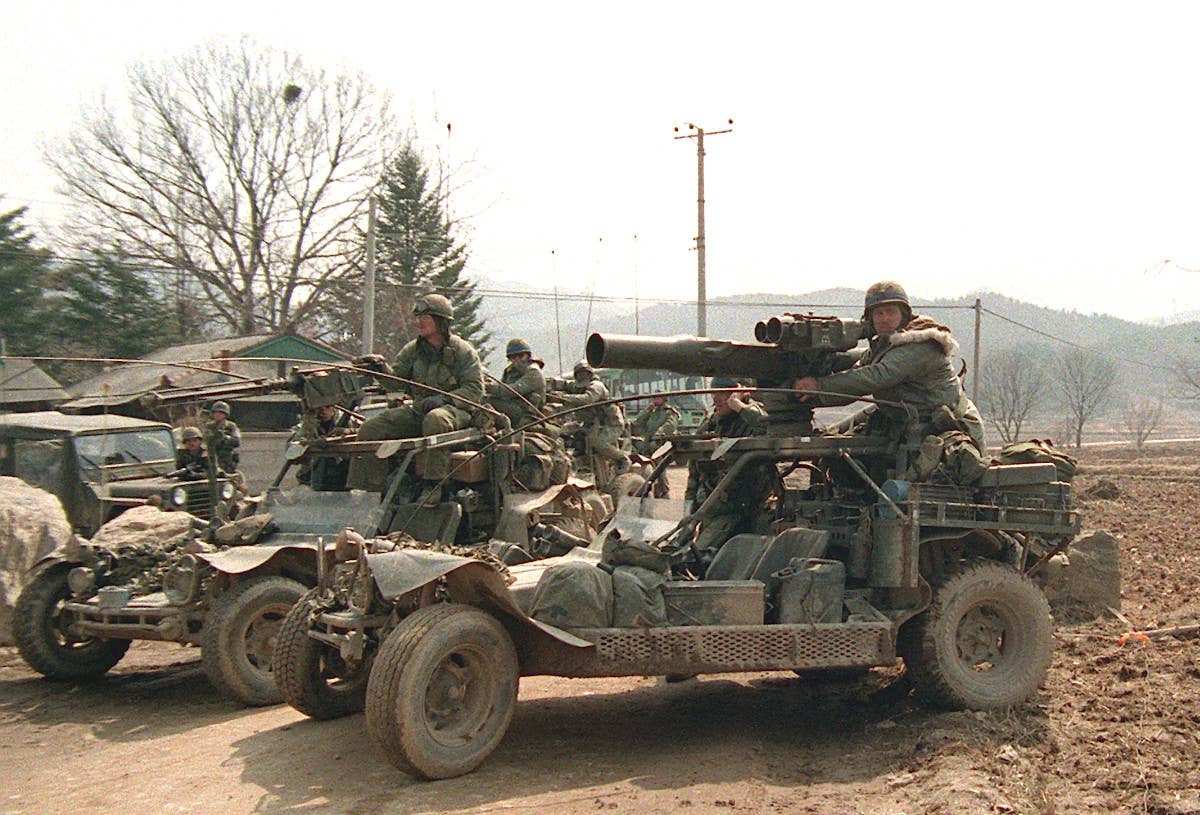 US Army Chenowth Fast Attack Vehicles (FAV), one with a TOW missile launcher, seen during an exercise in South Korea during the 1980s. <em>US Army</em>