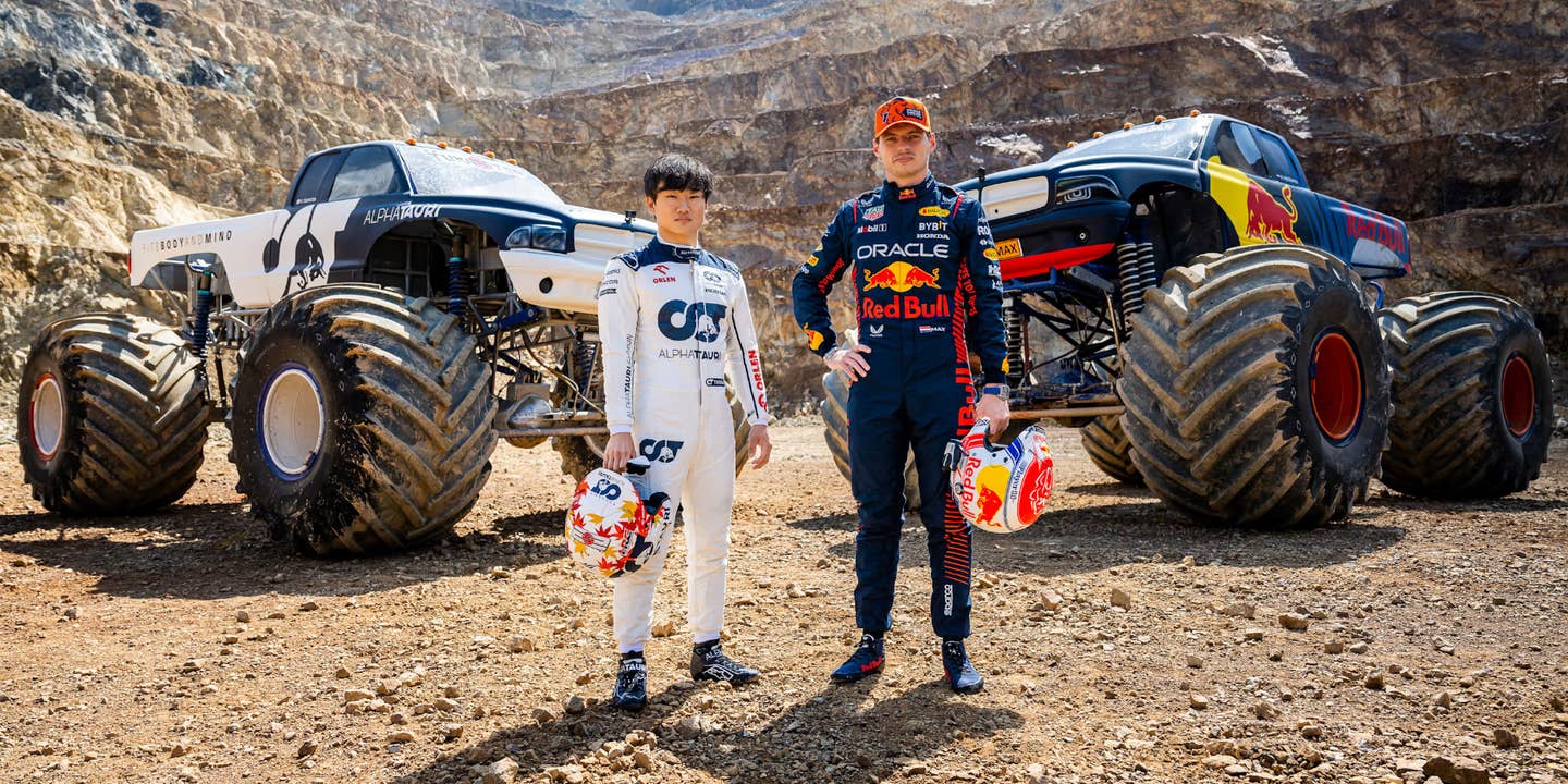 Watch Red Bull’s F1 Drivers Wheel Monster Trucks On Dirt