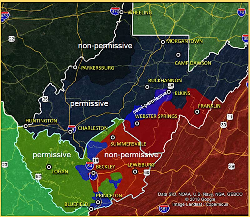 An annotated map from a past Ridge Runner exercise with areas of West Virginia blocked out as permissive, semi-permissive, and non-permissive for exercise purposes. <em>West Virginia National Guard</em>