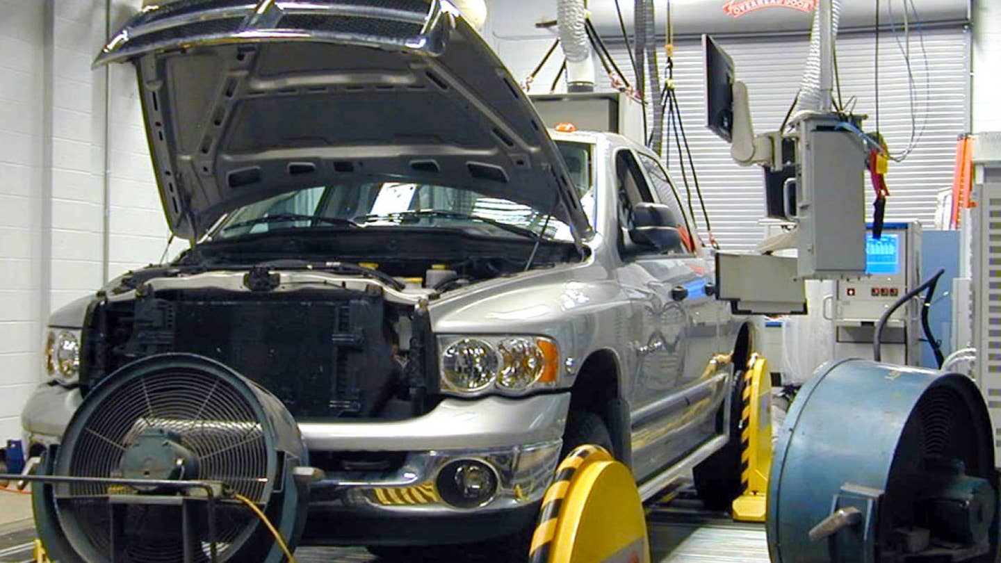 A gasoline-powered Ram pickup's fuel economy being tested by the EPA. <em>EPA</em>