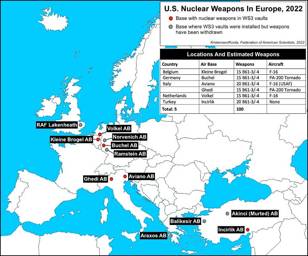 A map of current and former locations where B61 bombs are located in Europe under NATO's nuclear weapon sharing arrangements and a table breaking down estimated total bombs at each current site. <em>FAS</em>