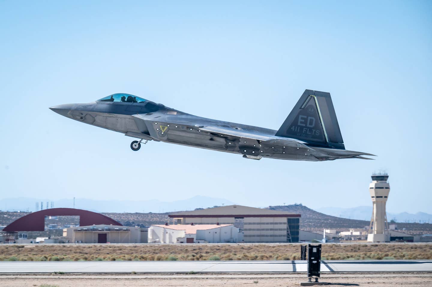 An F-22 Raptor from the 411th Flight Test Squadron, 412th Test Wing, takes off from Edwards Air Force Base, California. <em>U.S. Air Force photo by Giancarlo Casem</em><br>