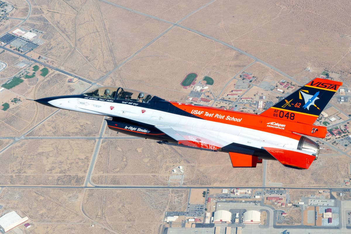 The X-62A Variable In-flight Simulator Aircraft (VISTA) test aircraft, seen here in the skies over Edwards Air Force Base in California. <em>USAF</em>