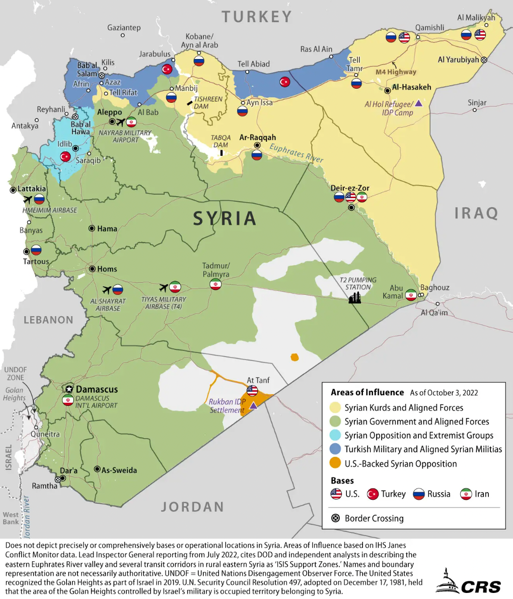 A map showing the general disposition of U.S., Russian, and other forces in Syria as of October 2022.&nbsp;<em>Congressional Research Service</em>