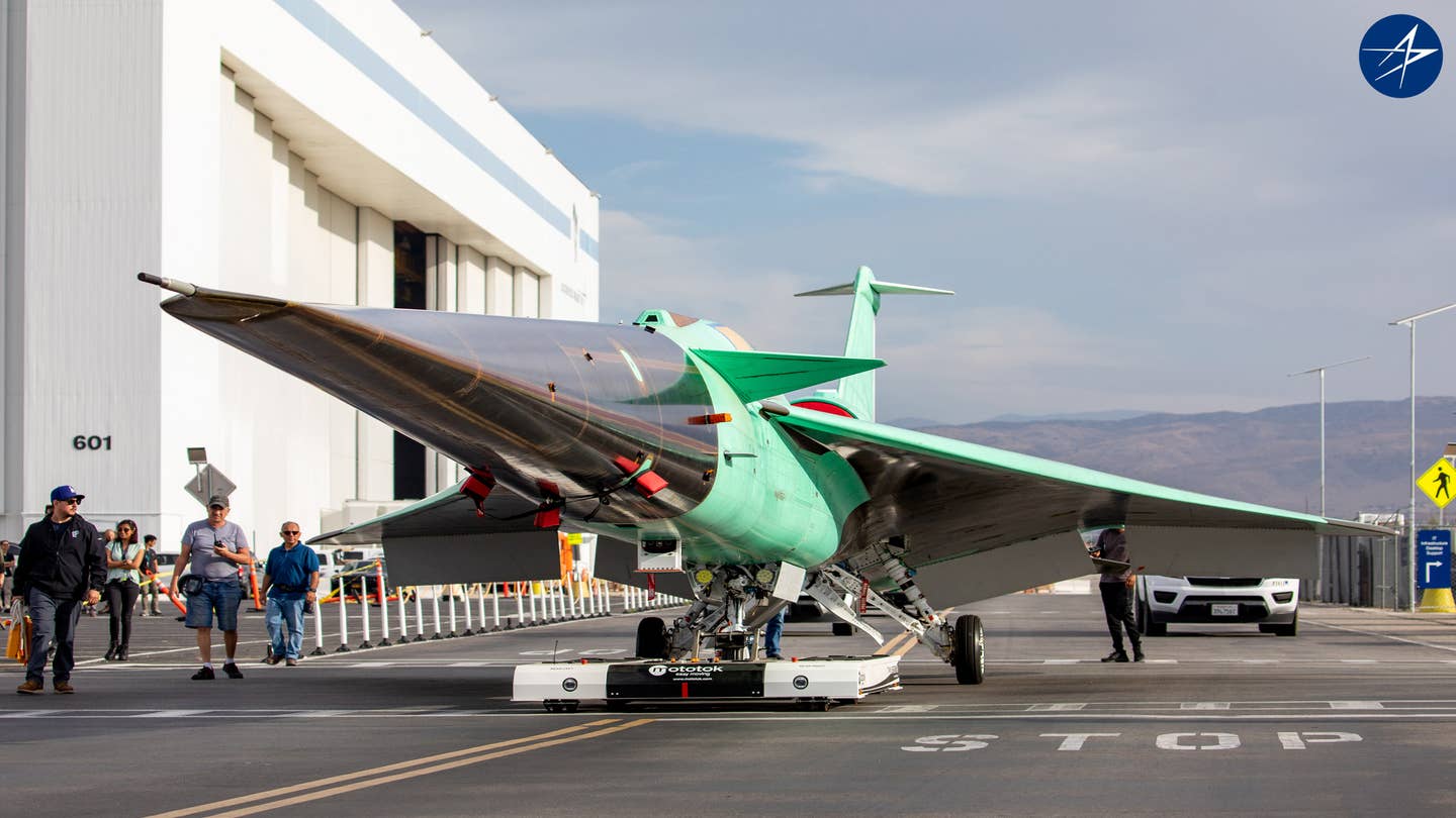 A head-on view of the X-59 before it received its paint scheme. <em>Lockheed Martin via NASA</em><br>