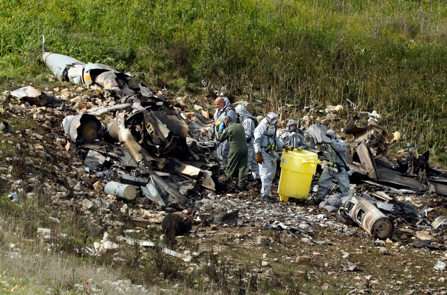 Wreckage of the Israeli Air Force F-16I shot down following a raid in Syria in February 2018.&nbsp;<em>JACK GUEZ/AFP/Getty Images</em>
