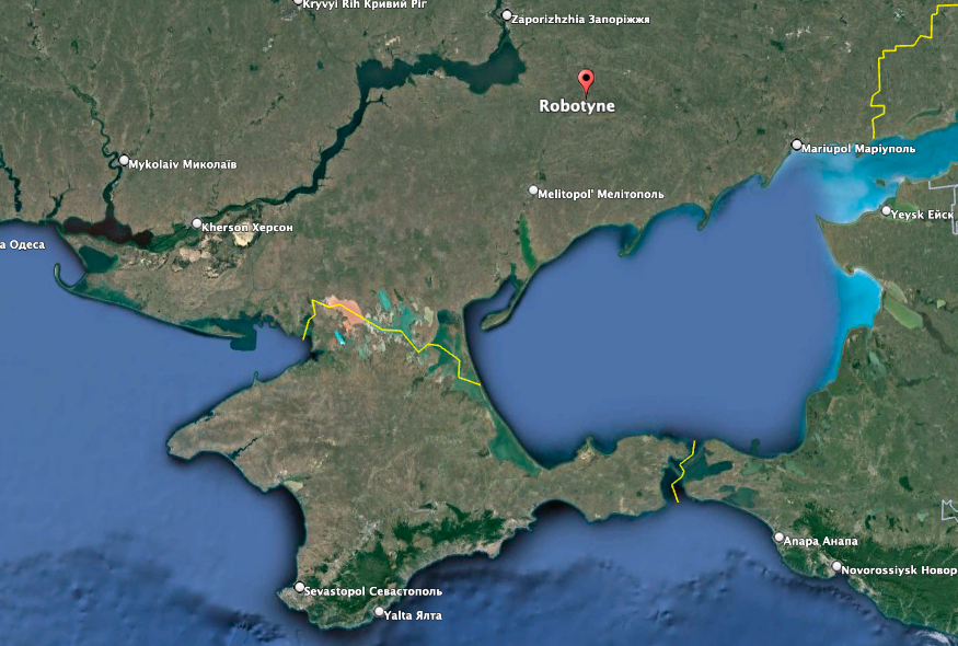 The town of Robotyne in Zaporizhzhia Oblast is about 120 miles northeast of Crimea. (Google Earth image)