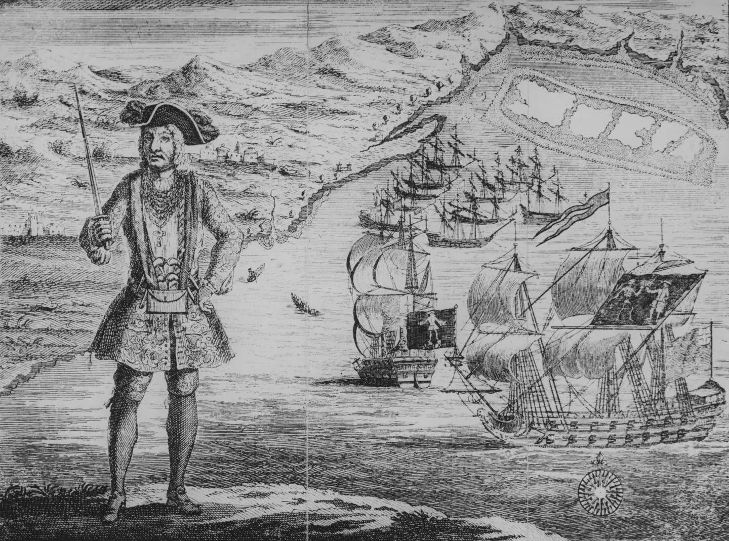 Another depiction of the Welsh pirate Bartholomew Roberts. Behind him are two of the ships under his command, the <em>Royal Fortune</em> and the <em>Ranger</em>. This engraving appeared in A History of the Pyrates by Capt. Charles Johnson, circa 1724. <em>Photo by Hulton Archive/Getty Images</em>