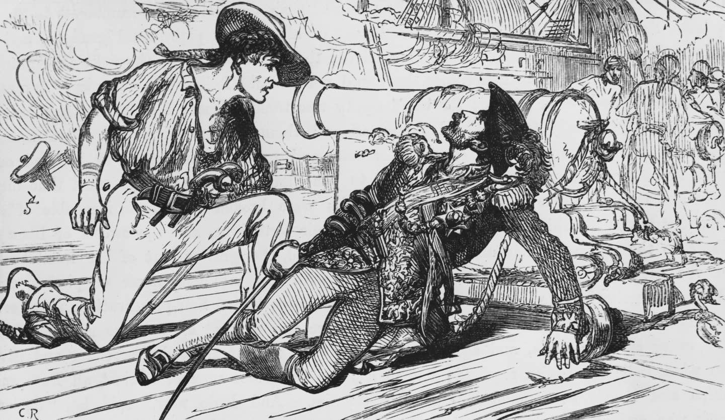 The death of Welsh pirate Bartholomew Roberts (1682–1722) off the coast of Gabon in west Africa, having been struck in the throat by grapeshot during a sea battle, in February 1722. <em>Photo by Hulton Archive/Getty Images</em>