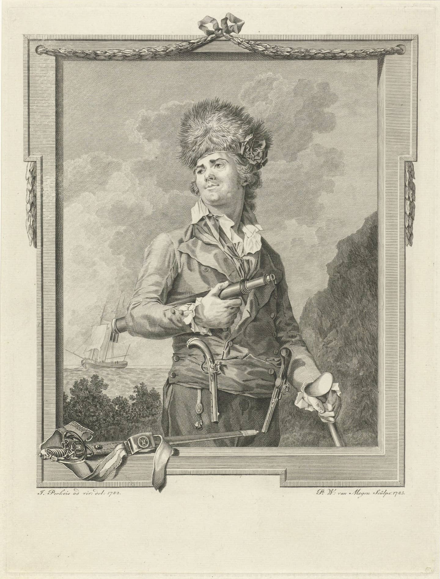 A portrait of the 18th-century French privateer captain Pierre le Turcq, by Pieter Willem van Megen, dated 1783, complete with pistols on his belt and a short sword in the foreground. <em>Photo by Sepia Times/Universal Images Group via Getty Images</em>