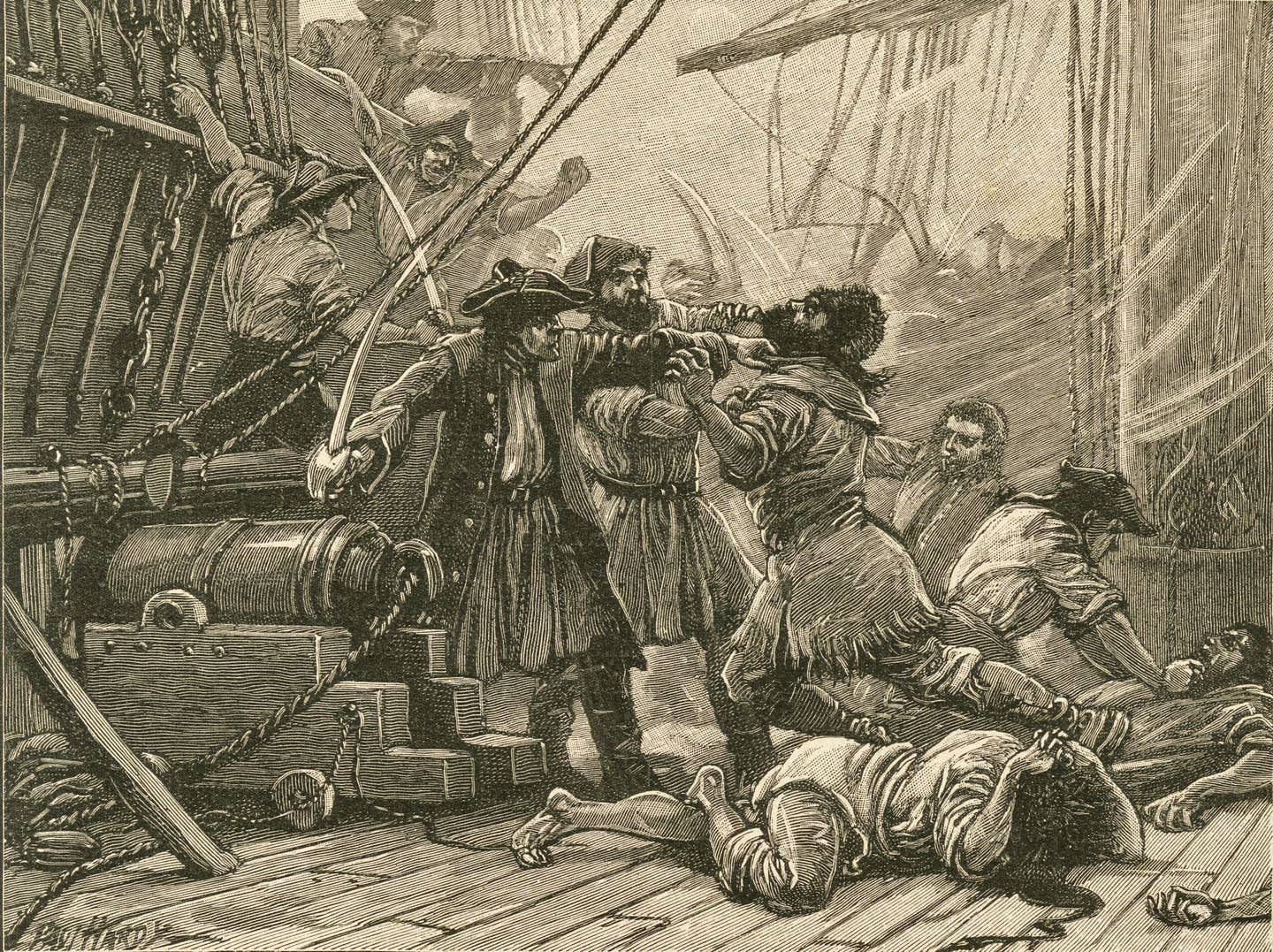 Pirates boarding a ship and overpowering the crew, in a highly dramatized depiction from the 18th century. <em>Photo by Universal History Archive/Universal Images Group via Getty Images</em>