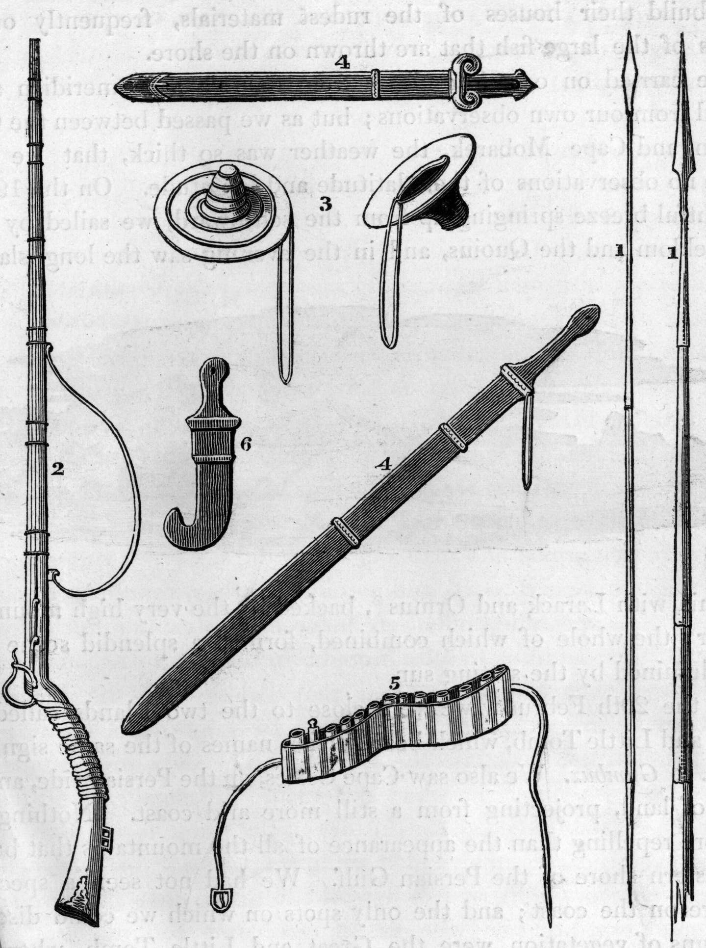 An 1818 print showing various weapons said to have been taken from Arab pirates; spears, swords, hand shields, a musket, a cartridge belt, and a dagger. <em>Photo by Henry Guttmann Collection/Hulton Archive/Getty Images</em>