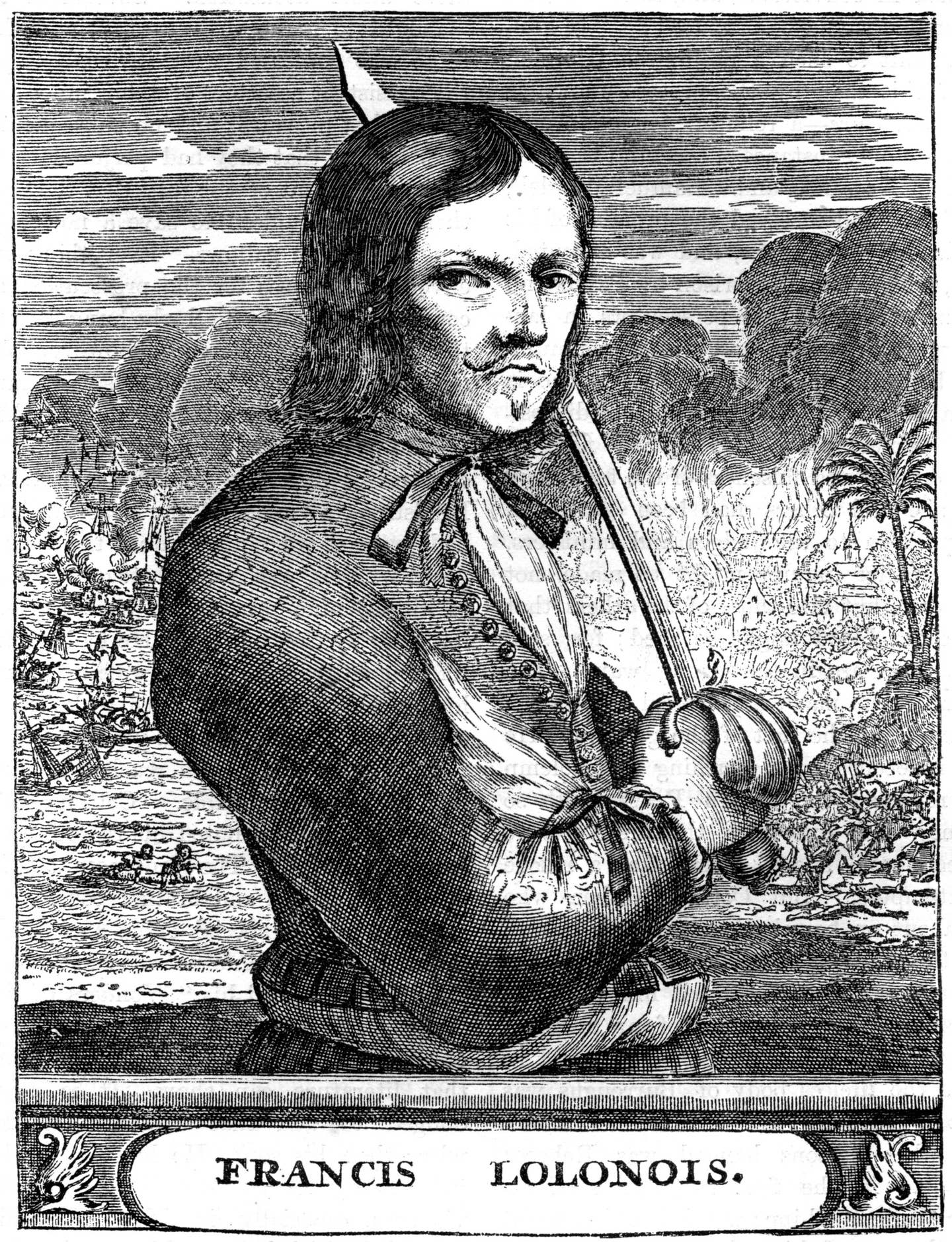 Francois l’Ollonois, a 17th-century French buccaneer, depicted brandishing a cutlass in an illustration from around 1880. <em>Photo by The Print Collector/Print Collector/Getty Images</em>