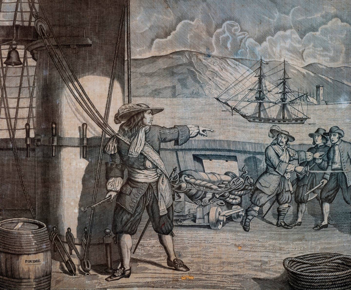 Powder kegs are prominent in this engraving of the French pirate captain Jean Bart (1650–1702), shown onboard a British ship. <em>Photo by DeAgostini/Getty Images</em>