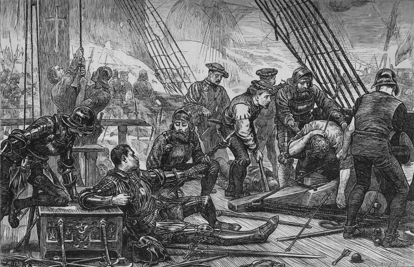 A highly stylized depiction of the death of the Scottish pirate Sir Andrew Barton, in an engraving made around 1880. Barton had been killed in 1511. While cruising the English coast looking for Portuguese ships he and his ships were captured and, after a fierce battle, he died of his wounds. <em>Photo by Print Collector/Getty Images</em>
