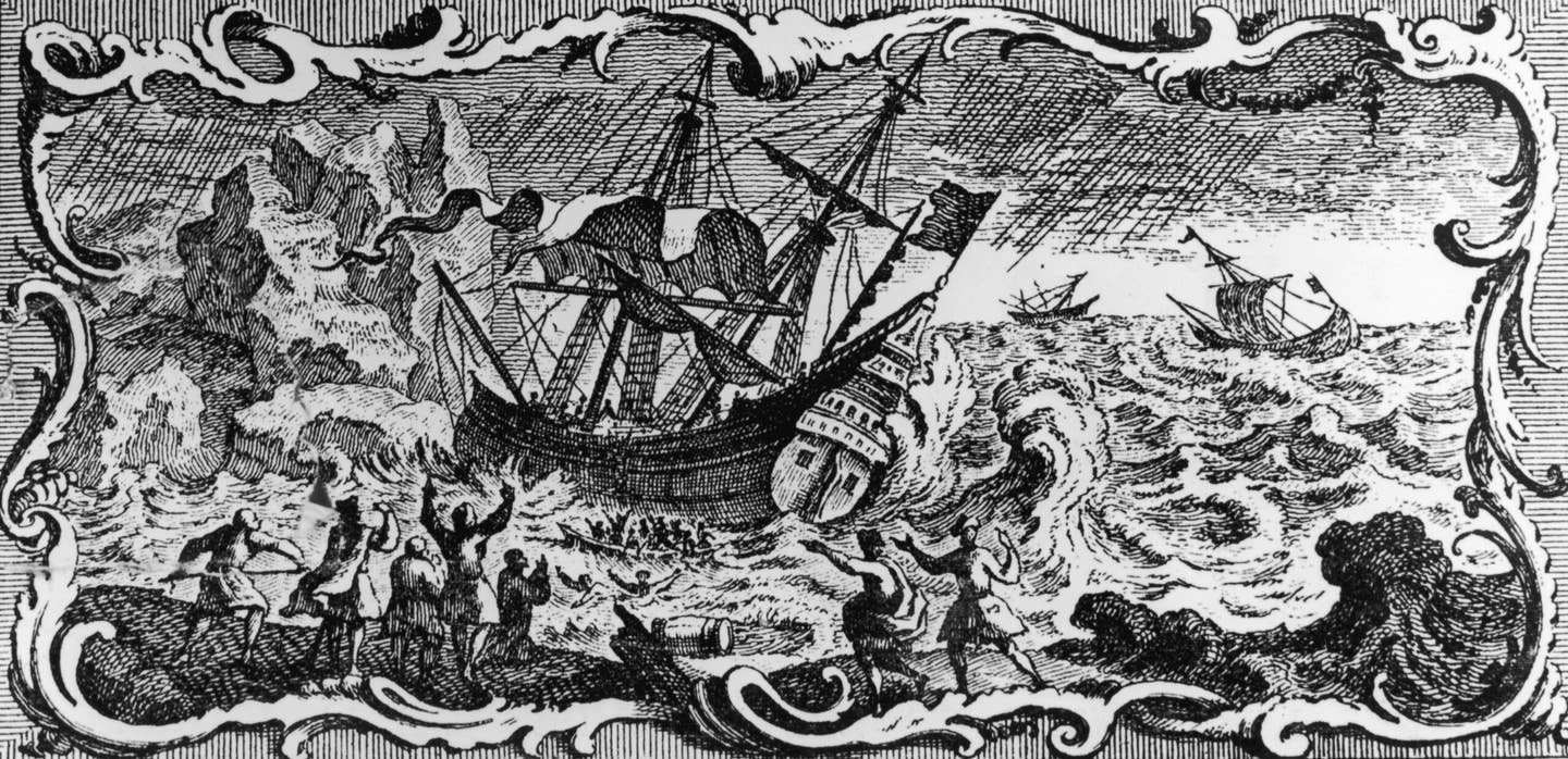 A French pirate ship or corsair encounters bad weather off the Barbary Coast of North Africa, circa 1650. An engraving by A. Maisonneuve after A. Humblot. <em>Photo by Hulton Archive/Getty Images</em>