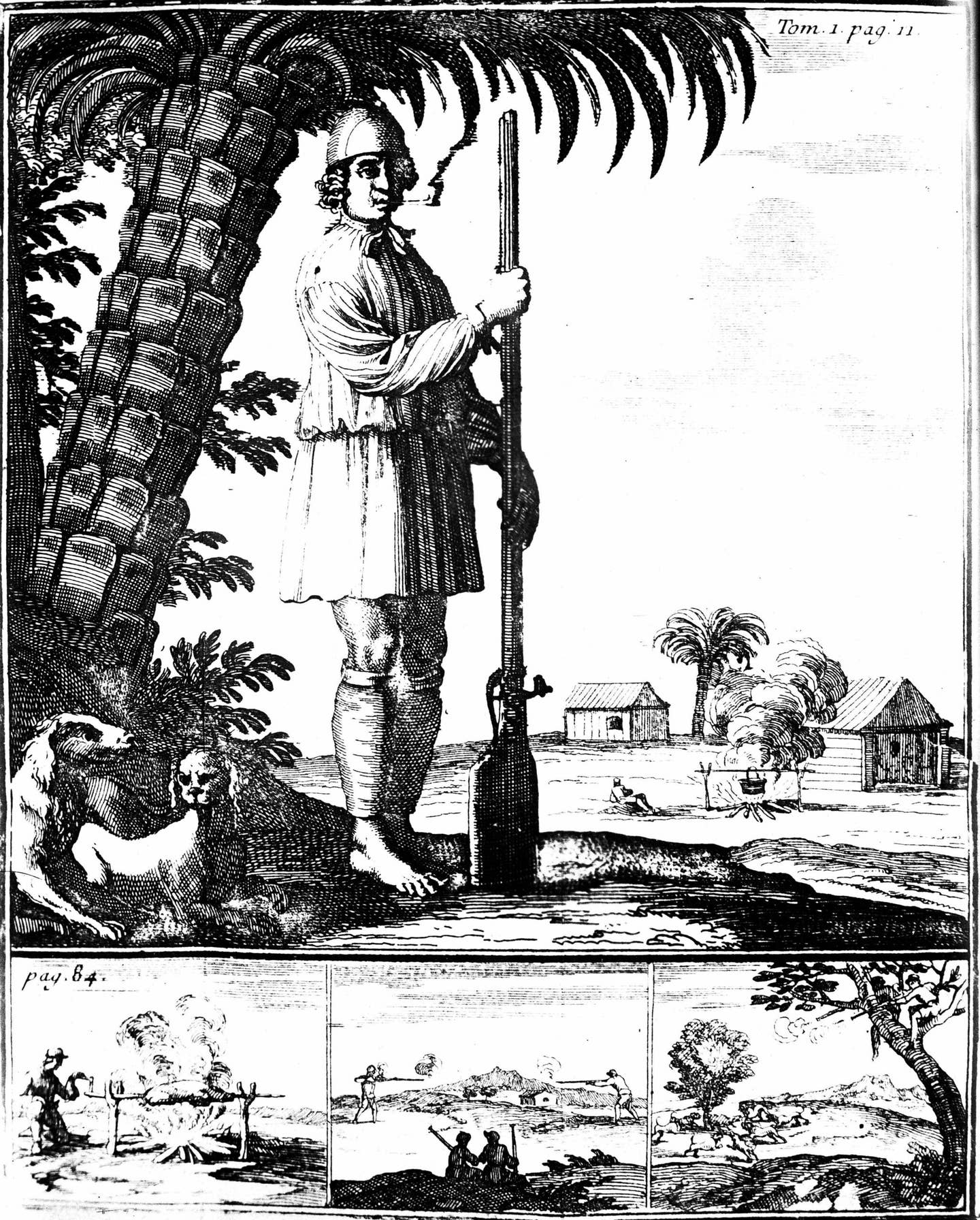 An engraving from a book by Alexandre Olivier Exquemelin depicts an unidentified Fench pirate standing with a long club-butted rifle, while three small pictures underneath depict various other piracy scenes, from the 1600s. <em>Photo by Roger-Viollet/Getty Images</em>