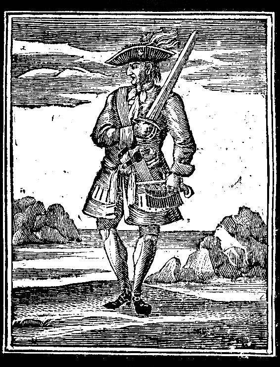 A woodcut print of Jack Rackham published in 1725 in <em>A General History of the Robberies and Murders of the Most Notorious Pyrates</em>. <em>Public Domain</em>