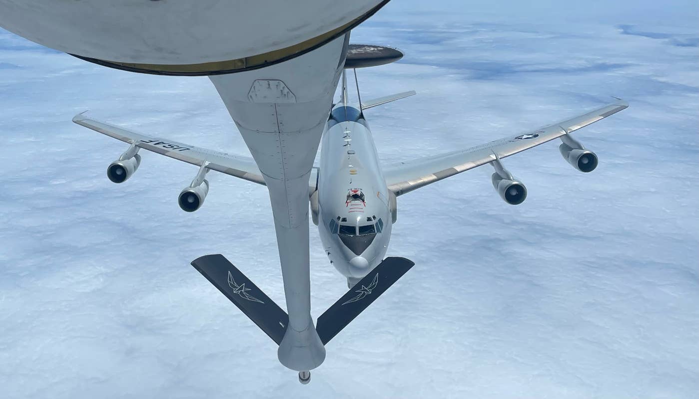 A US Air Force E-3 Sentry Airborne Warning and Control System (AWACS) aircraft as seen from the Metrea KC-135R tanker refueling it during Exercise Resolute Hunter 23-2. <em>Metrea</em>