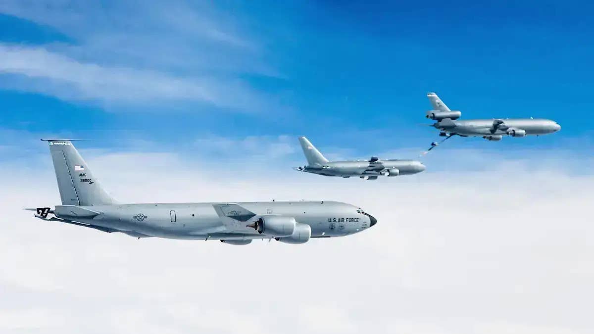All three of the US Air Force's current tankers. From front to back, a KC-135, a KC-46, and a KC-10. <em>USAF</em>