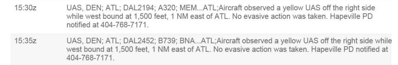 An example of the same drone being reported twice by different sources from the June 2021 DEN logs. <em>FAA via FOIA</em>
