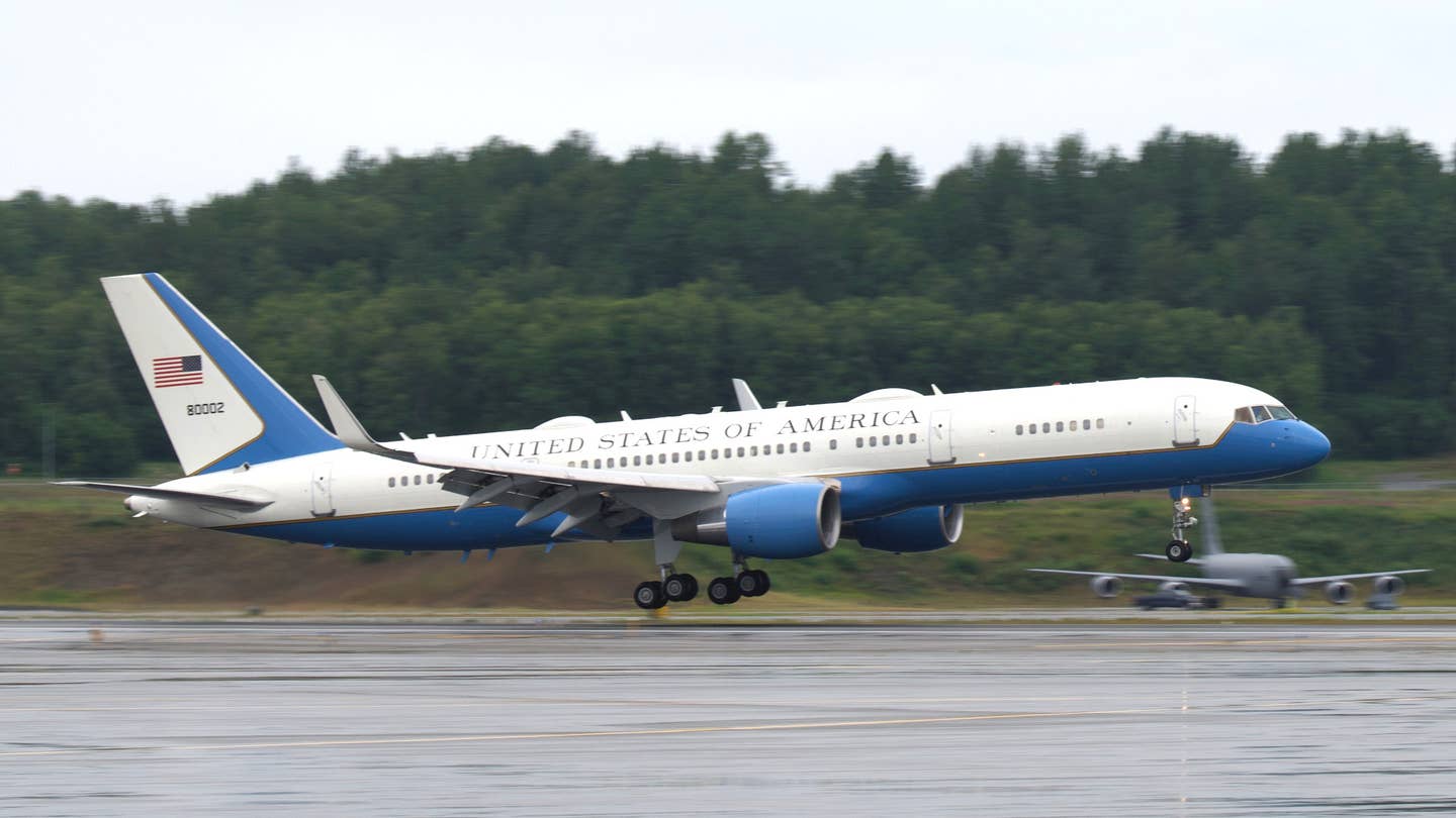 Air Force C-32A serial number 98-0002 arriving at Joint Base Elmendorf-Richardson, Alaska in 2021. The typical serial number marking found on C-32As, which consists of the last five digits of the aircraft's full serial, is seen here on the tail.