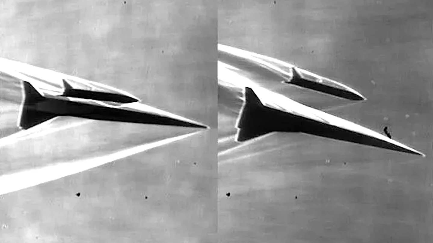 Images showing a spaceplane and mothership design under test in a wind tunnel in 2019. <em>CAAA</em>
