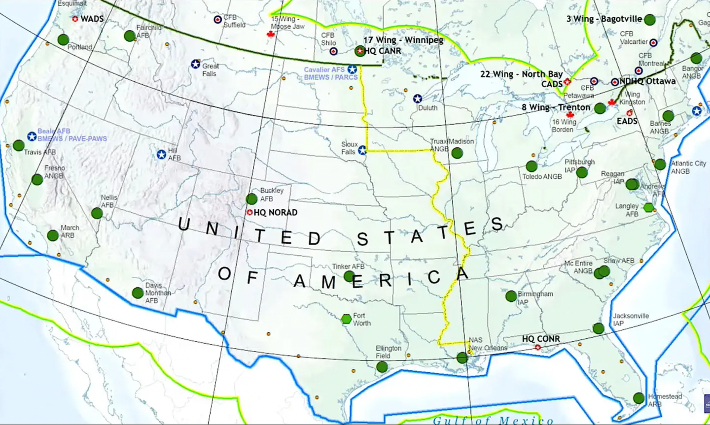An unclassified map showing various NORAD air defense nodes in the contiguous United States. The Green circles, specifically, are bases that host U.S. Air Force fighter jets, including those assigned to Air National Guard units, that are tasked with the homeland defense mission.&nbsp;<em>DOD</em>