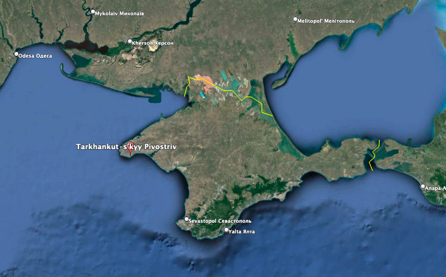 According to the Rybar Telegram channel, several Ukrainian drones were downed by electronic warfare around Cape Tarkhankut in eastern Crimea. (Google Earth image)