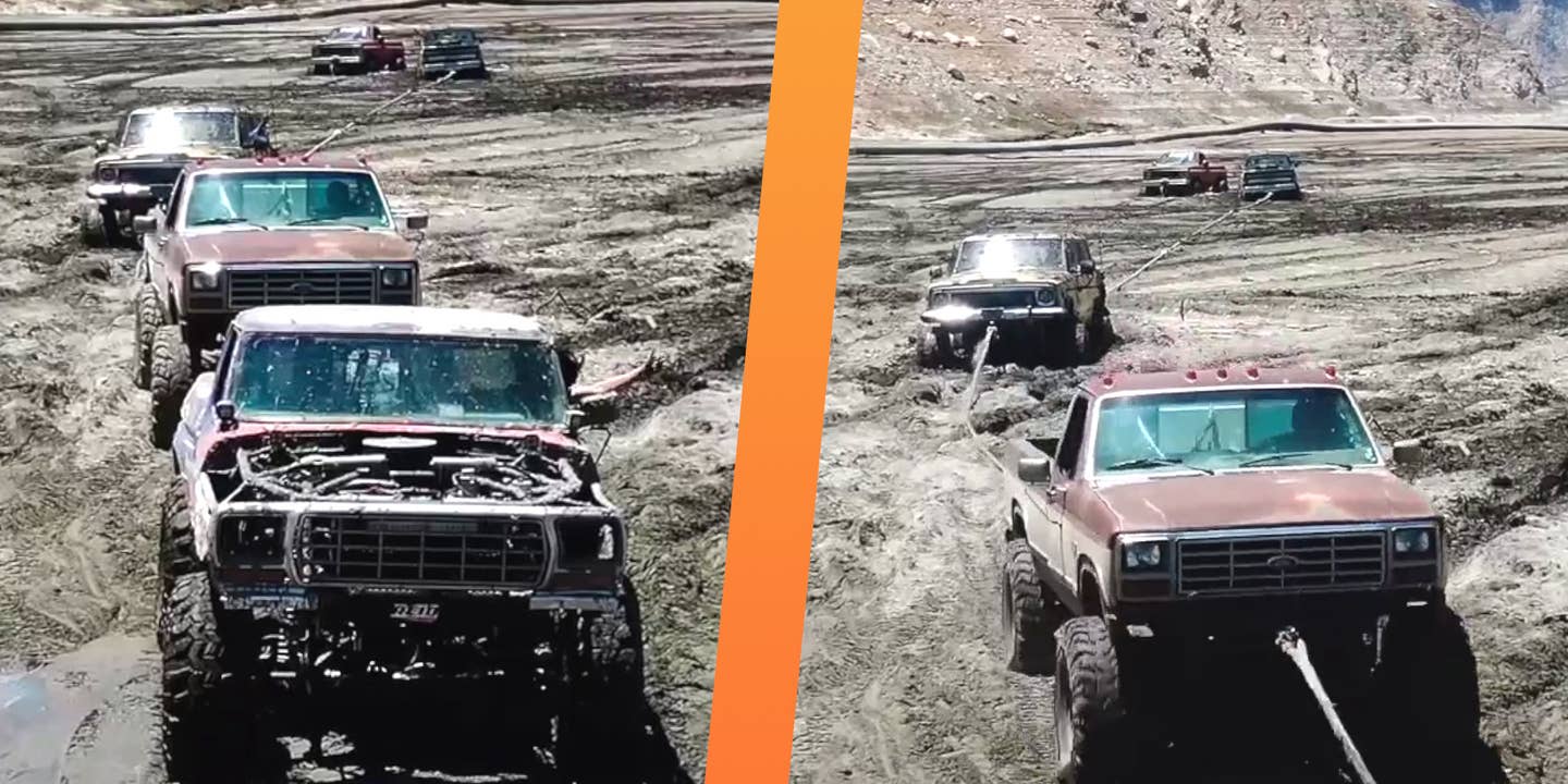 California Off-Roaders Tie Five Trucks Together for One Muddy Recovery