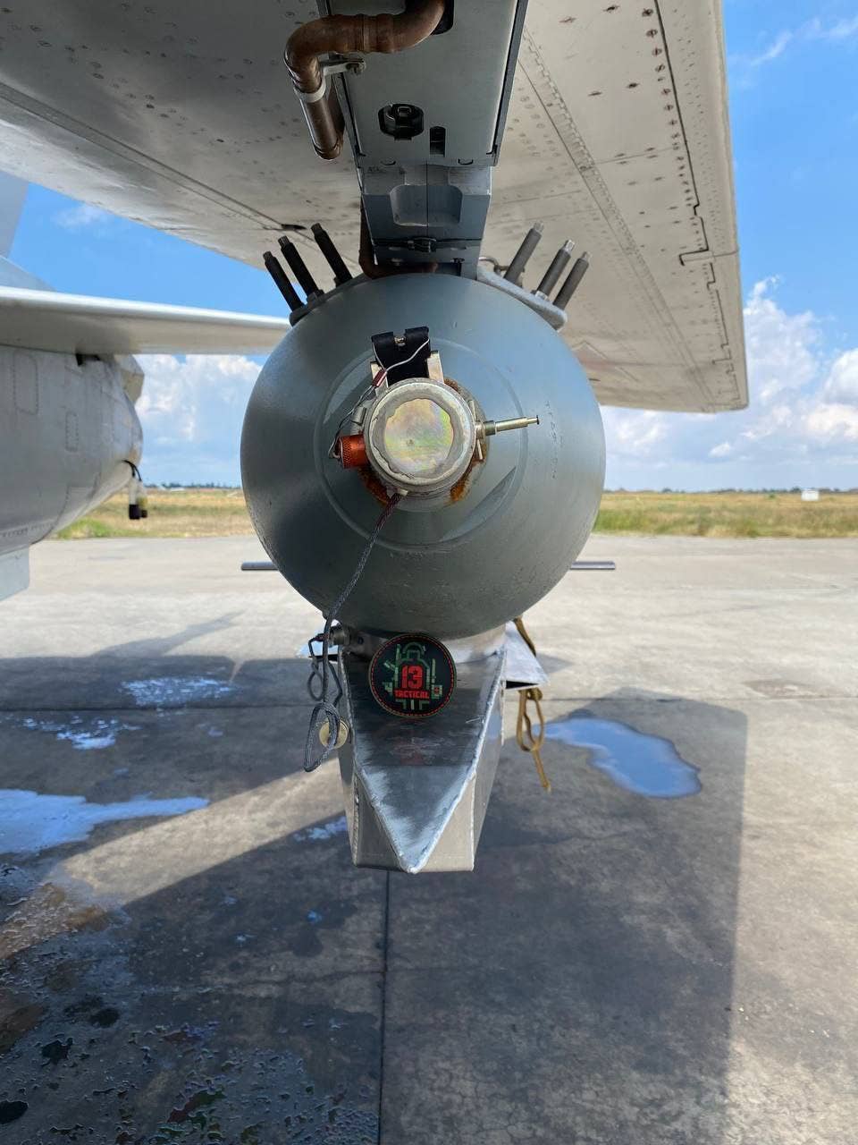 A FAB-500M-62 bomb with UMPK kit, loaded on a Su-24M Fencer strike aircraft, in July 2023. <em>Tactical Telegram channel</em>