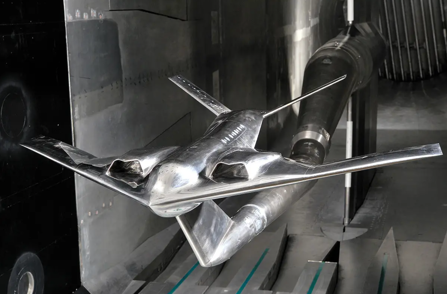 A wind tunnel model of a large blend wing-body aircraft concept from Boeing that was tested as part of an Air Force-led project called Speed Agile in the early 2010s. <em>NASA</em>