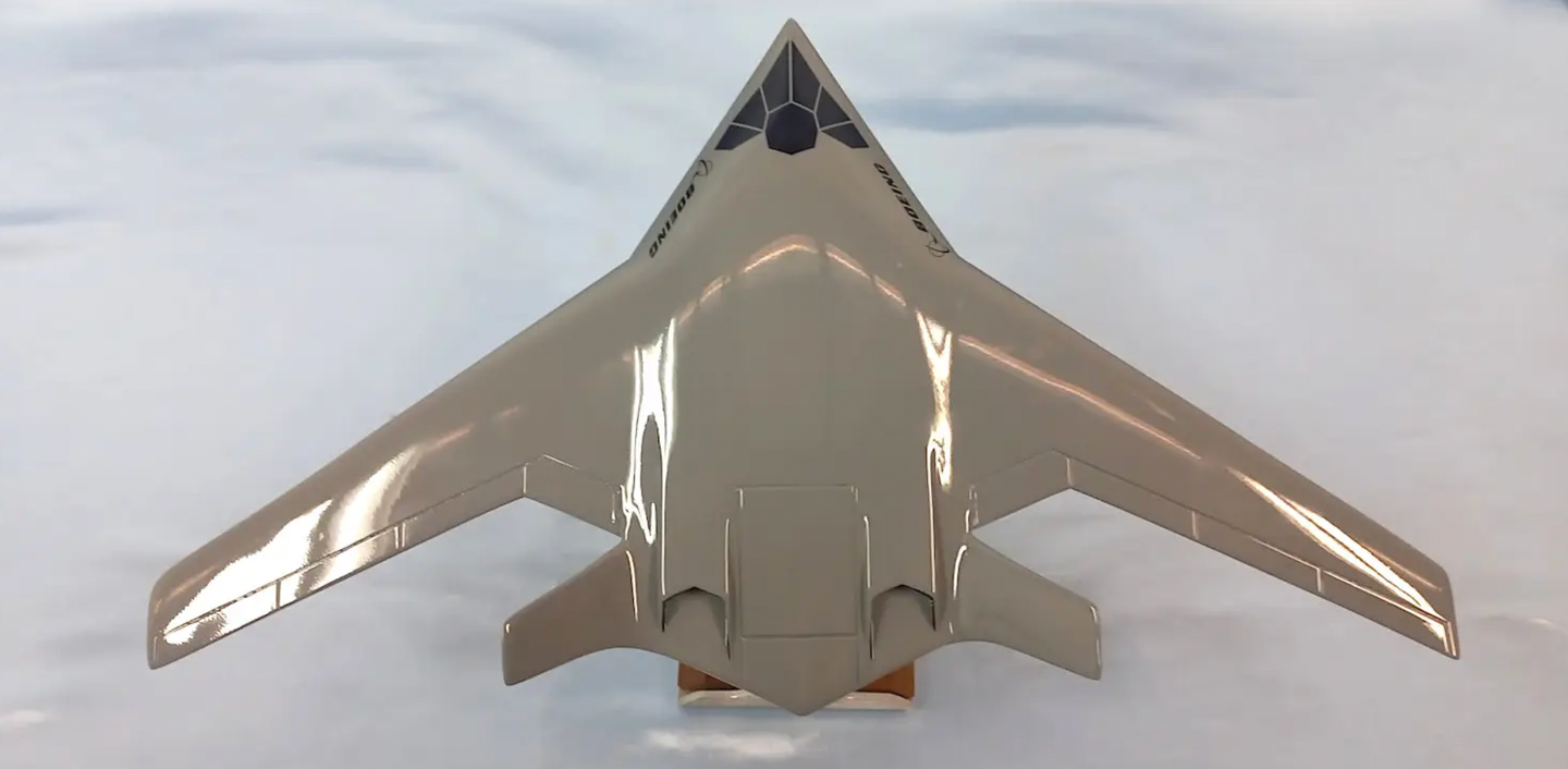 A rear view of a smaller model of Boeing’s recent stealthy BWB design concept, showing the engine exhaust arrangement. <em>Boeing</em>