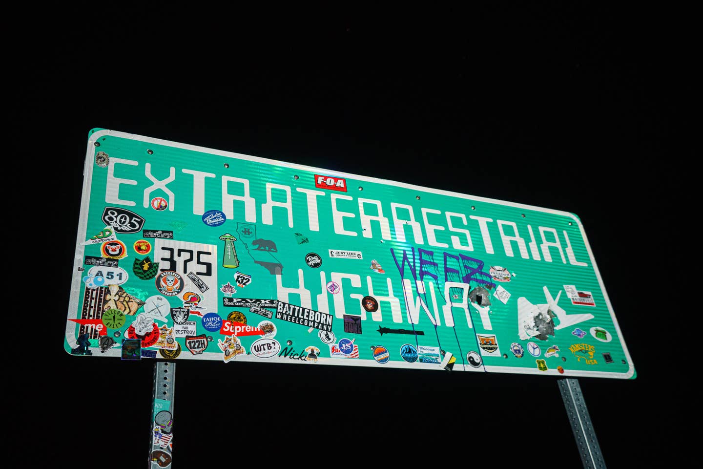 The Extraterrestrial Highway sign at the junction of state Routes 318 and 375 on in Lincoln County, Nevada. (Photo by Josh Brasted/Getty Images)