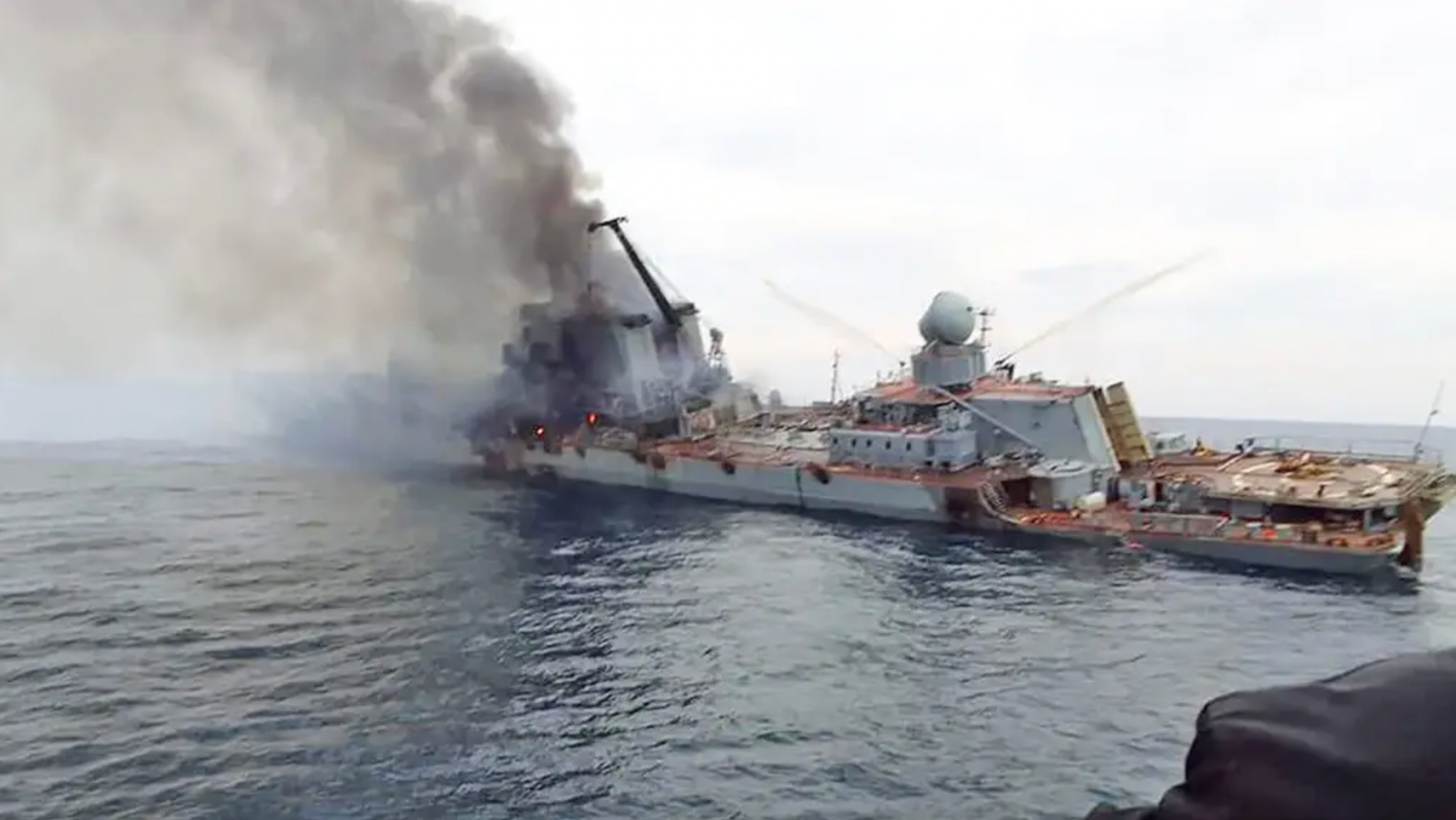 <em>Moskva</em> in the Black Sea after the explosion that led to its sinking. <em>via Twitter</em>