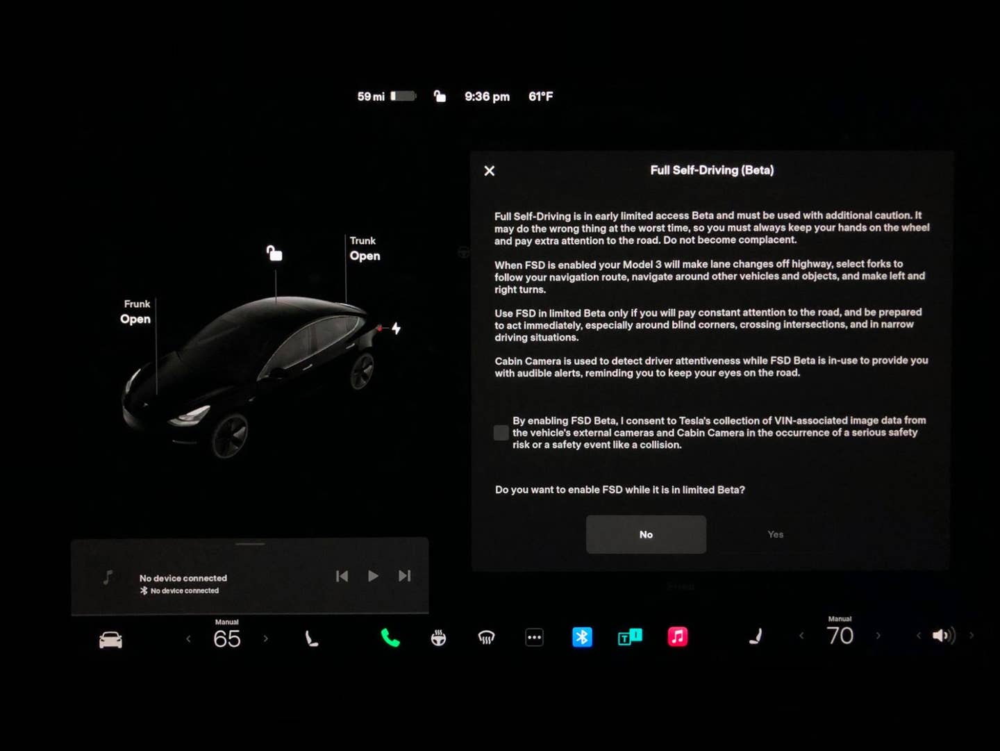 The Model 3’s disclaimer you have to agree to before using FSD Beta. Too bad pedestrians and other motorists aren’t asked if they consent to it, too. <em>Joe Ligo</em>