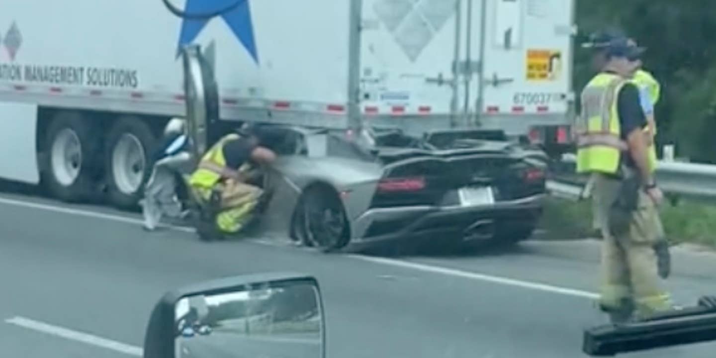 Lamborghini Aventador after rear-ending a semi trailer