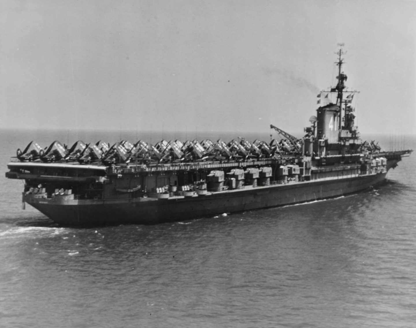 USS <em>Midway</em> off Virginia, Norfolk, with a deck full of SB2C Helldiver bombers, May 1947. <em>National Archives</em>