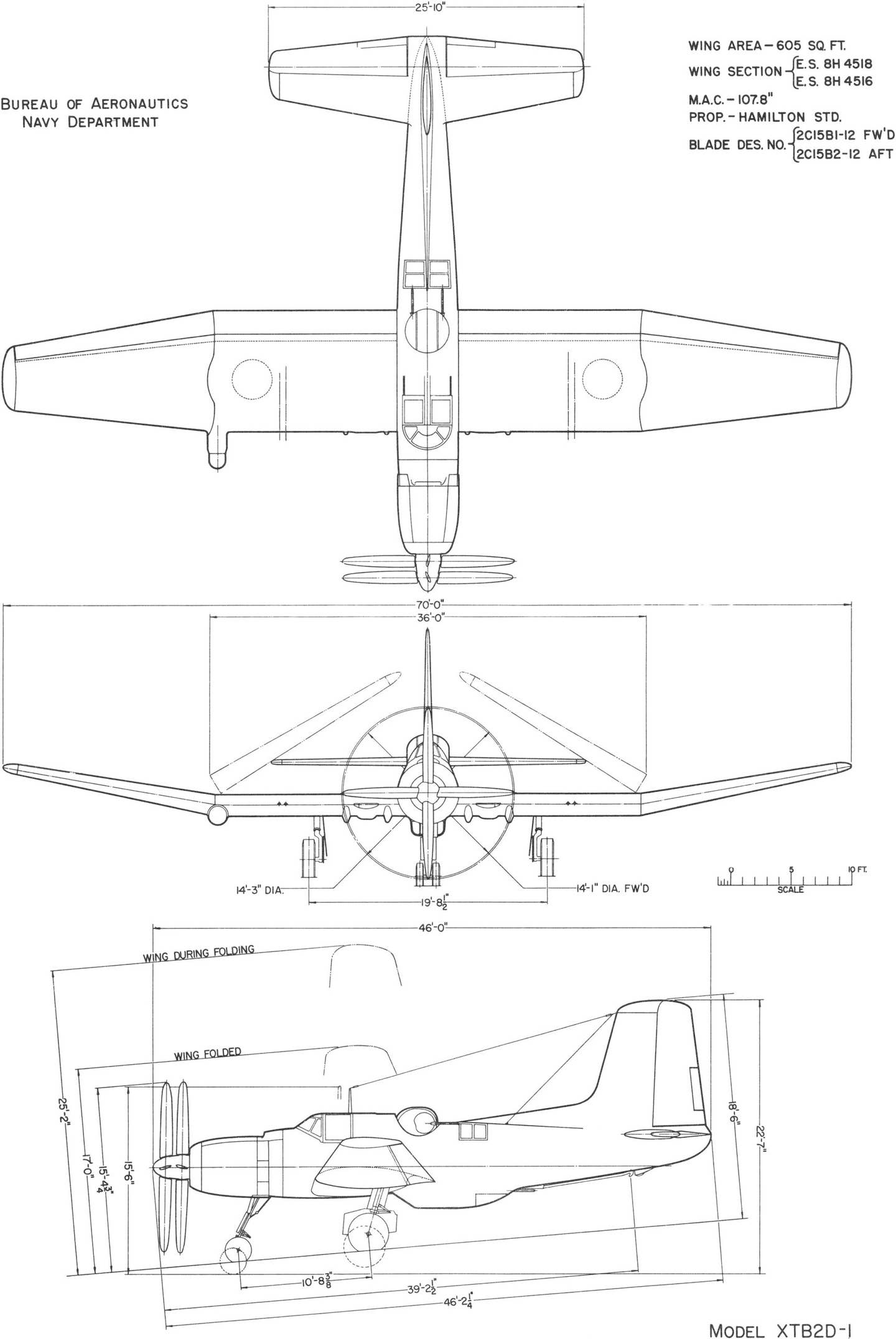 BuAer line drawing of the Skypirate, c. 1944.<em> Bureau of Aeronautics, Navy Department</em>