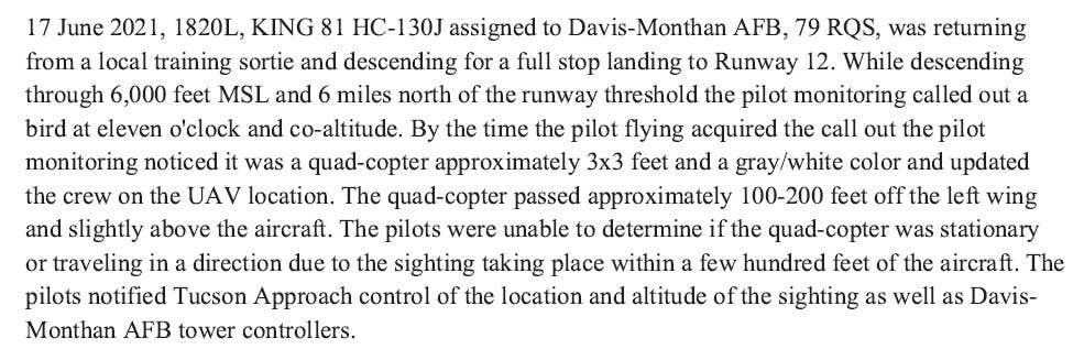 This sequence of events covers a drone-related incident on June 17, 2021, involving an Air Force HC-130 Combat King rescue aircraft that was also categorized as a near-collision. <em>USAF via FOIA</em>