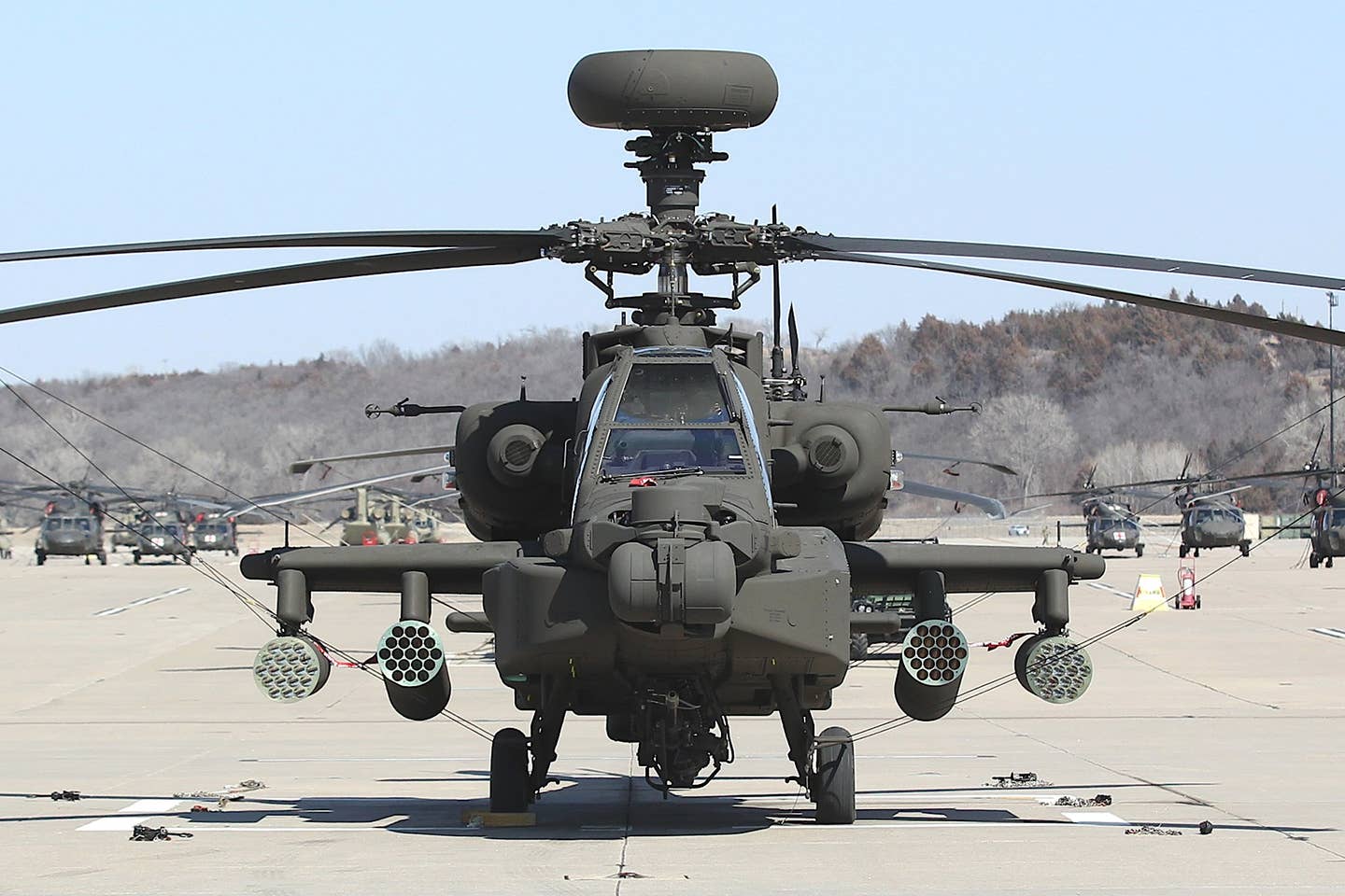 A more typical Hydra launch platform, a US Army AH-64E Apache attack helicopter with four M261 rocket pods under its stub wings. <em>US Army</em>