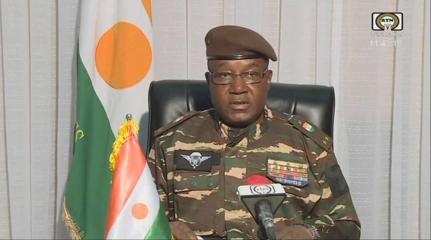 General Abdourahamane Tchiani, Niger's new strongman, speaking on national television. (Photo by ORTN - Télé Sahel / AFP) (Photo by -/ORTN - Télé Sahel/AFP via Getty Images)