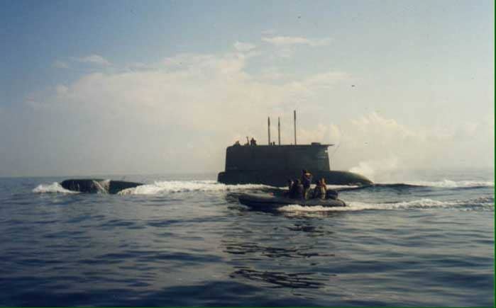 Two views of <em>Gal</em> (Type 540) class submarines training with IDF special forces. <em>Author’s collection</em>