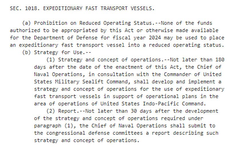 The full test of the section on the Navy's Spearhead class ships from the version of the Fiscal Year 24 NDAA that House of Representatives passed in July. <em>US Congress</em>