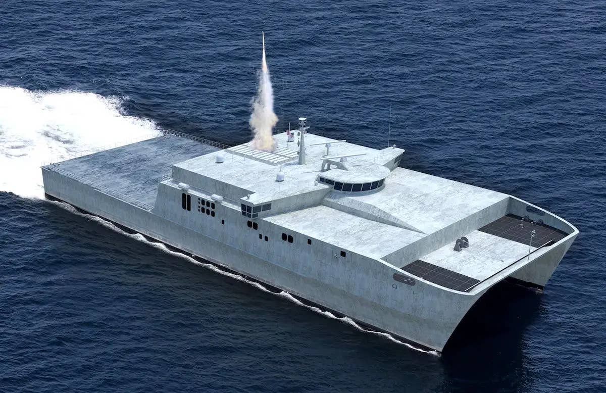 A rendering of an uncrewed <em>Spearhead</em> class derivative with a vertical launch system array for firing various types of missiles. <em>Austal USA</em>